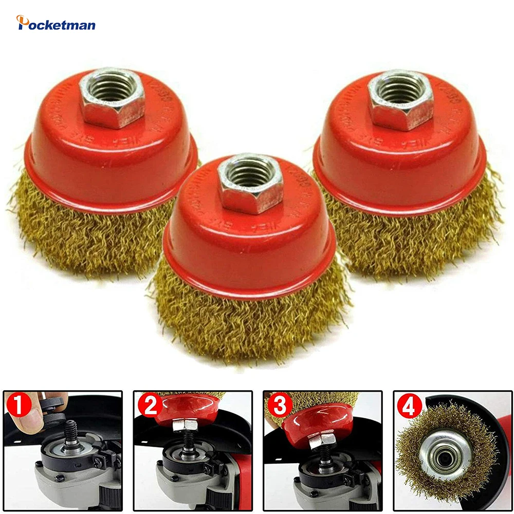 

Remove Rust Brush Rotary Brass Steel Wire Brush Crimp Cup Set Wheel Angle Grinder for Paint Removal Deburring M14