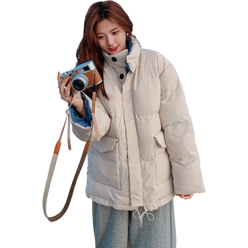 

Women's Jacket Autumn Winter Loose Casual All-Match Solid Color Pockets Outwear Ins Cotton Bread Coat