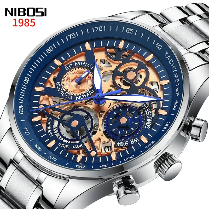 

NIBOSI New Fashion Casual Men Quartz Hollow Waterproof Luminous Hand Chronograph Stainless Steel Strap Watches Relogio Masculino