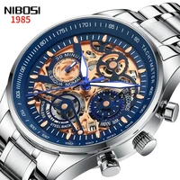nibosi new fashion casual men quartz hollow waterproof luminous hand chronograph stainless steel strap watches relogio masculino