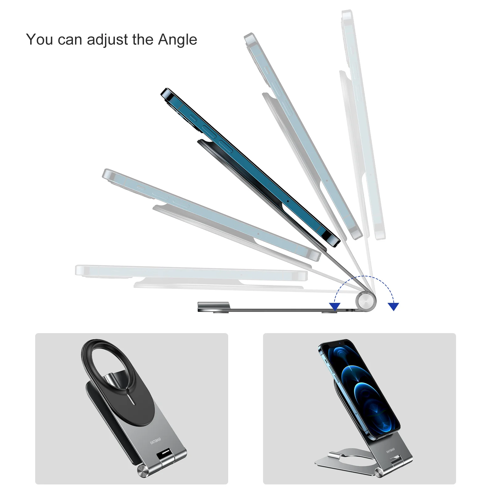 oatsbasf aluminum desktop phone stand holder for iphone 12 13 pro max adjustable magnetic wireless charging foldable phone mount free global shipping