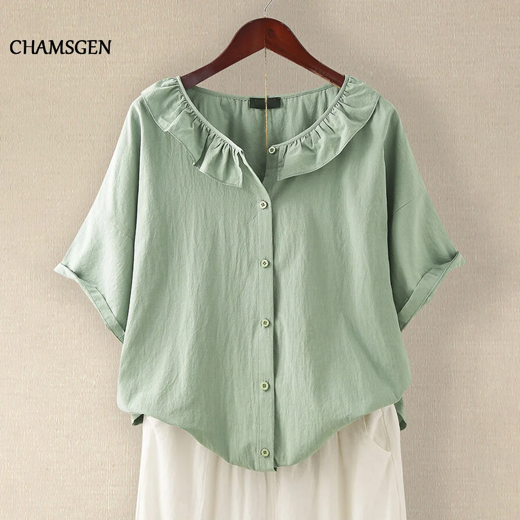 Однотонные женские блузки CHAMSGEND летние топы женская льняная рубашка с коротким