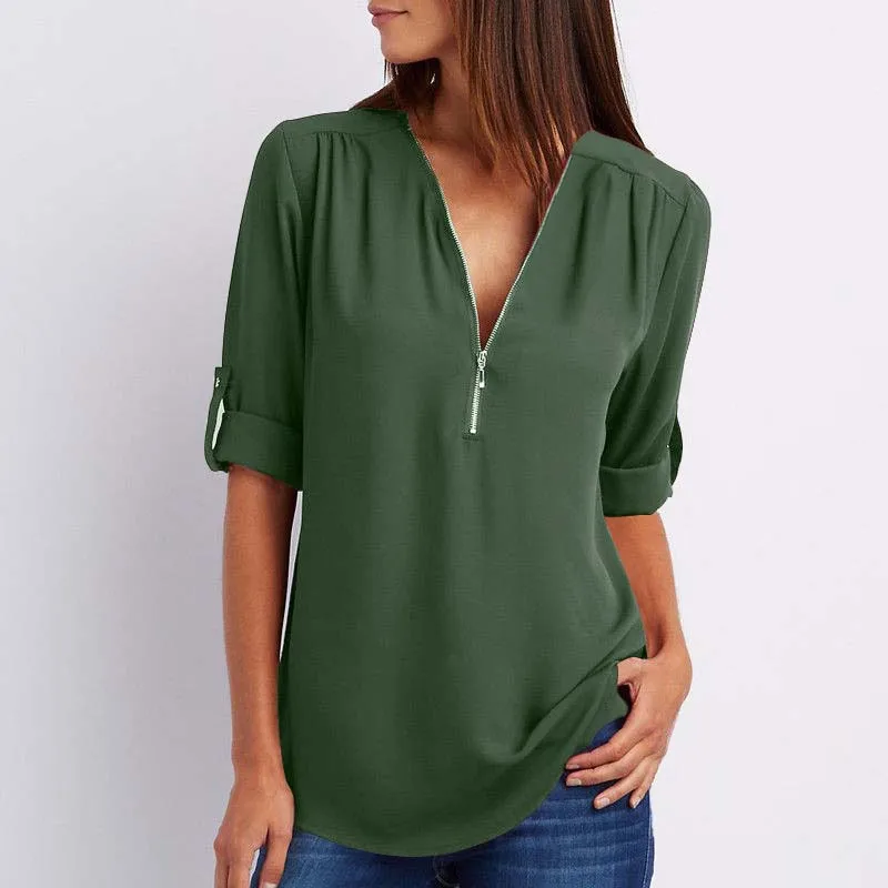

Zipper Short Sleeve Women Shirts Sexy V Neck Solid Womens Tops Blouses Casual Tee Shirts Tops Female Clothes Plus Size