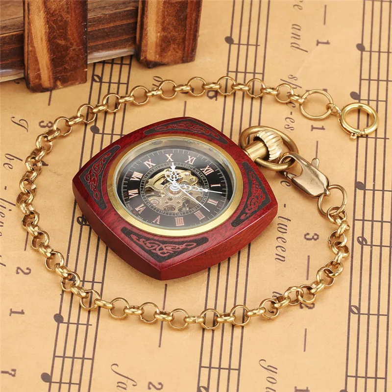 Classical Square Case Red Sandalwood Automatic Mechanical Pocket Watch for Mens Womens Open Face Roman Number Clock with Chain