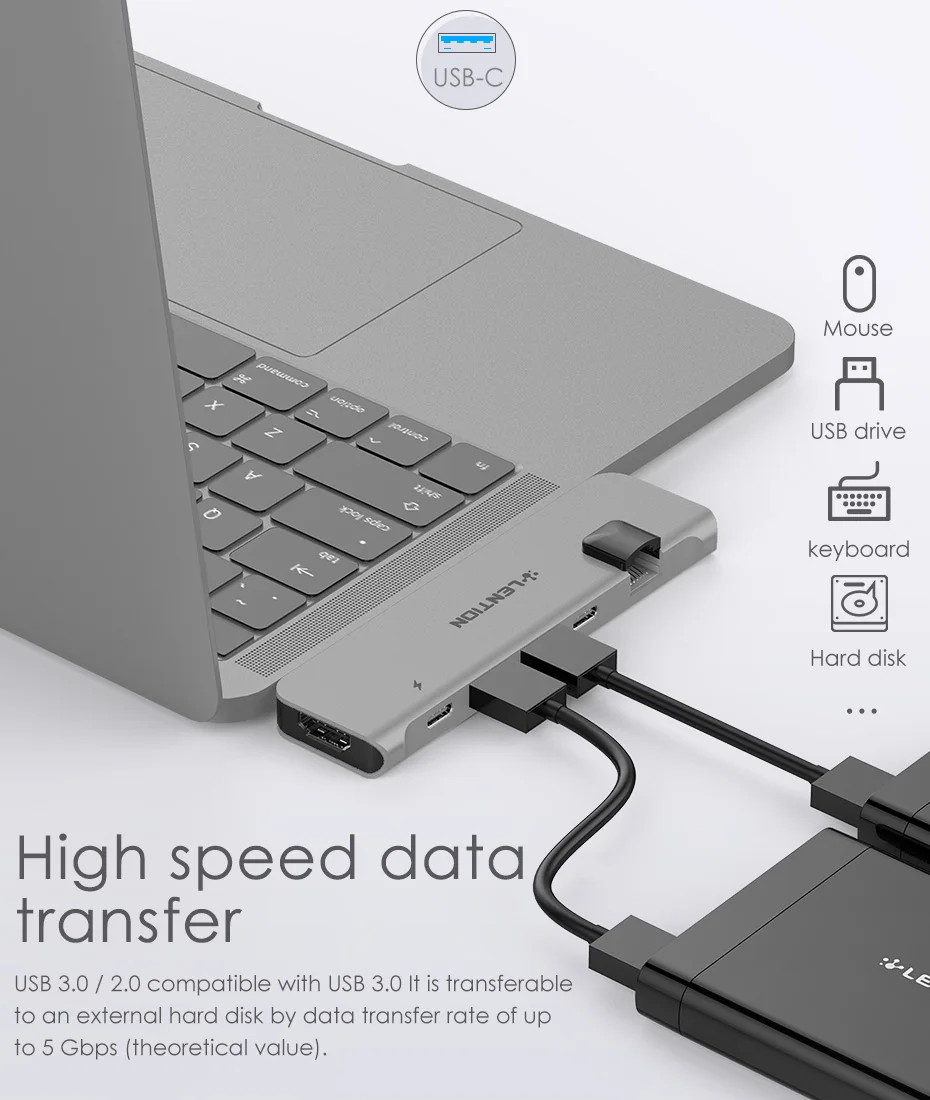 USB C концентратор с 40 Гбит/с Thunderbolt 3100 Вт питания, 4K HDMI, 2 USB 3,0, type C, гигабитный Ethernet адаптер для нового Mac Air