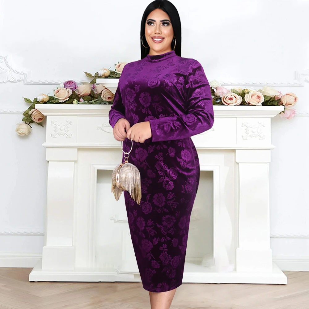 

Plus Size Winter Purple Velvet Dress Floral Printed High Neck Long Sleeve Bodycon Dress Evening Party Dress Women Elegant 2022