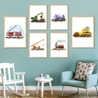 Картина на холсте с изображением пожарной машины поезда инженерного автомобиля, постеры и принты в скандинавском стиле, настенные картины, декор детской комнаты