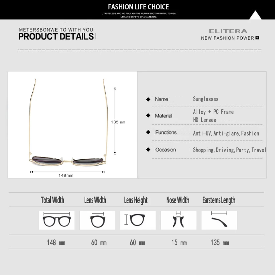 

ELITERA Round Sunglasses Women Summer Fashion Eyewear Alloy Frame Eyeglasses
