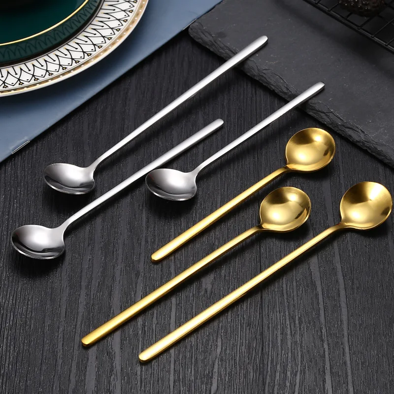 

New Long Handle Teaspoons Coffee Ice Cream Spoon Solid Color Cute Tableware Honey Desserts Tools Stainless Steel Cutlery Set