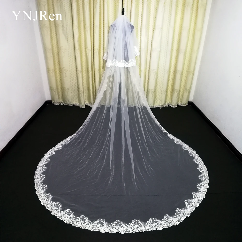 Фата свадебная двухслойная длиной 3 метра с кружевной аппликацией Белый/цвет