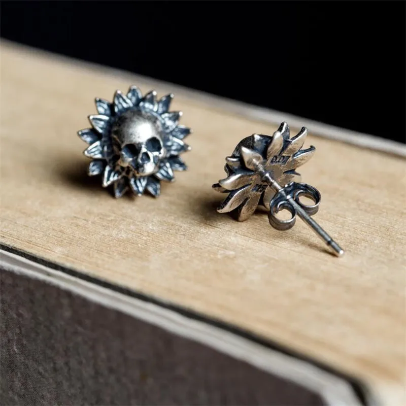 

Trendy Fashion Creative Sun Flower Skull Unisex Stud Earrings Gothic Retro Style Trend Hip Hop Rock Accessories Holiday Gifts