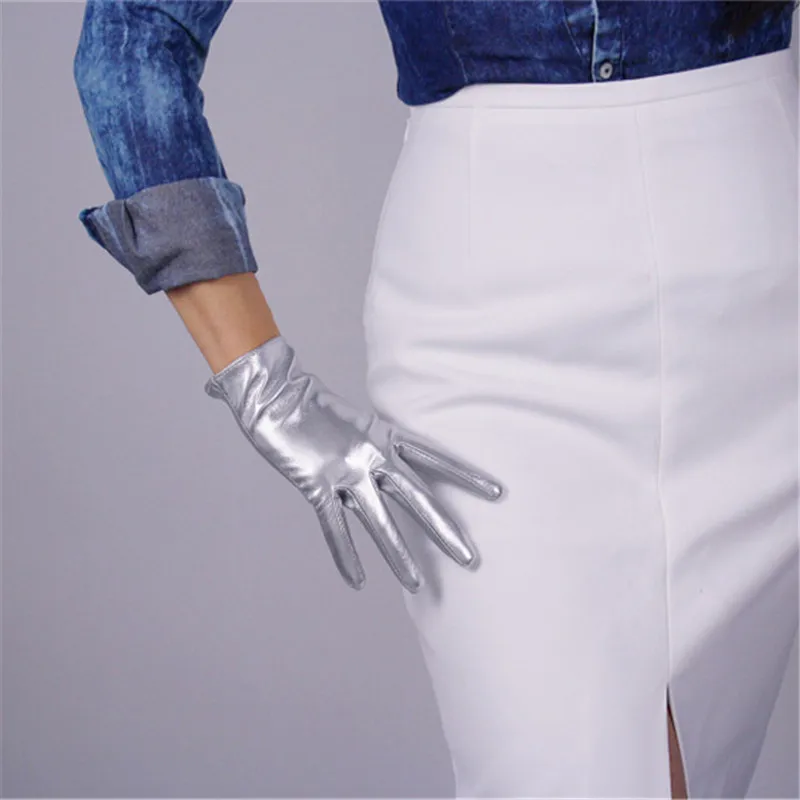 Leather Silver Новинка, 21 см, короткие перчатки с сенсорным экраном, искусственная кожа, лакированная кожа, темно-коричневые, кофейные, черные, белые женские перчатки из искусственной кожи, WPU98-21 - Цвет: Leather Silver