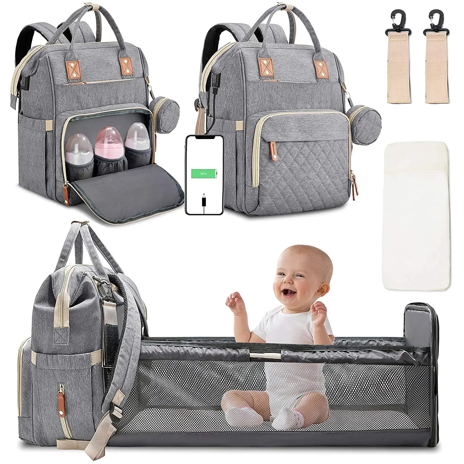 

Diaper Bag Backpack with Changing Station Portable Baby Bag Foldable Baby Bed Back Pack Travel Waterproof Travel Bag with USB