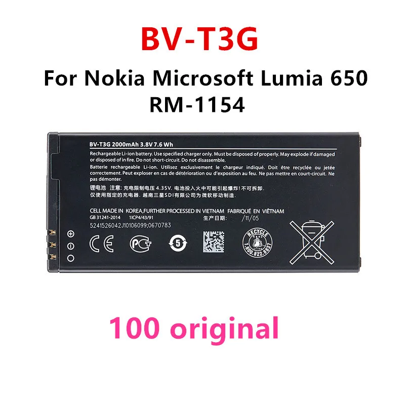 

Original BV-T3G 2000mAh Replacement Battery For Nokia Microsoft Lumia 650 RM-1154 BVT3G BV T3G Li-Polymer Batteries