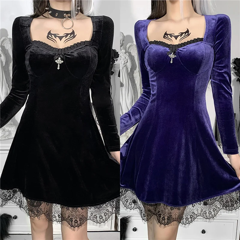 

Gothic Style Female Dress Solid Color Long Sleeve High Waist Lace Trim Square Neck Strappy Fashion A-line Dress For Sprng Fall