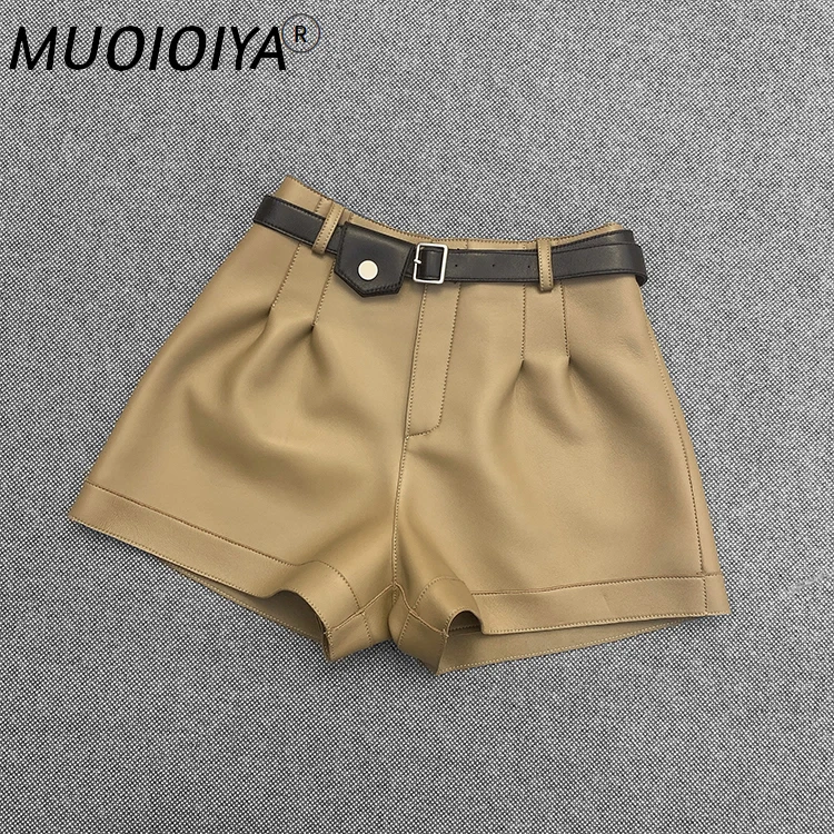 

Genuine Leather Shorts Women 100% Real Sheepskin Ladies High Waist Short Pants Belt Shorts Trousers Female Plus Size Black Brown