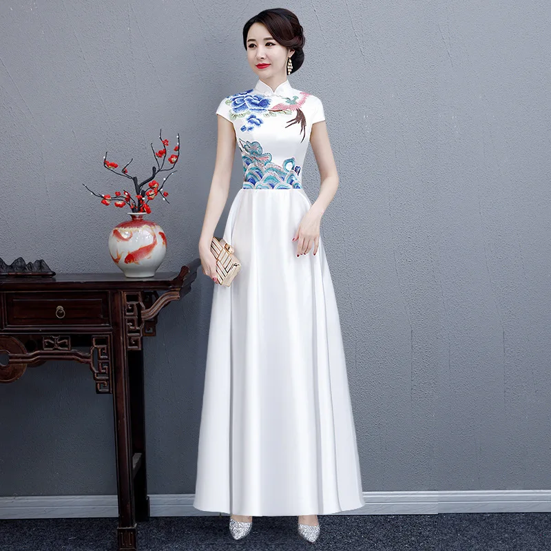 

Elegant Female White Formal Party Dresses Short Sleeve Satin Cheongsam Wedding Prom Evening Dress Slim Embroidery Gown Vestidos