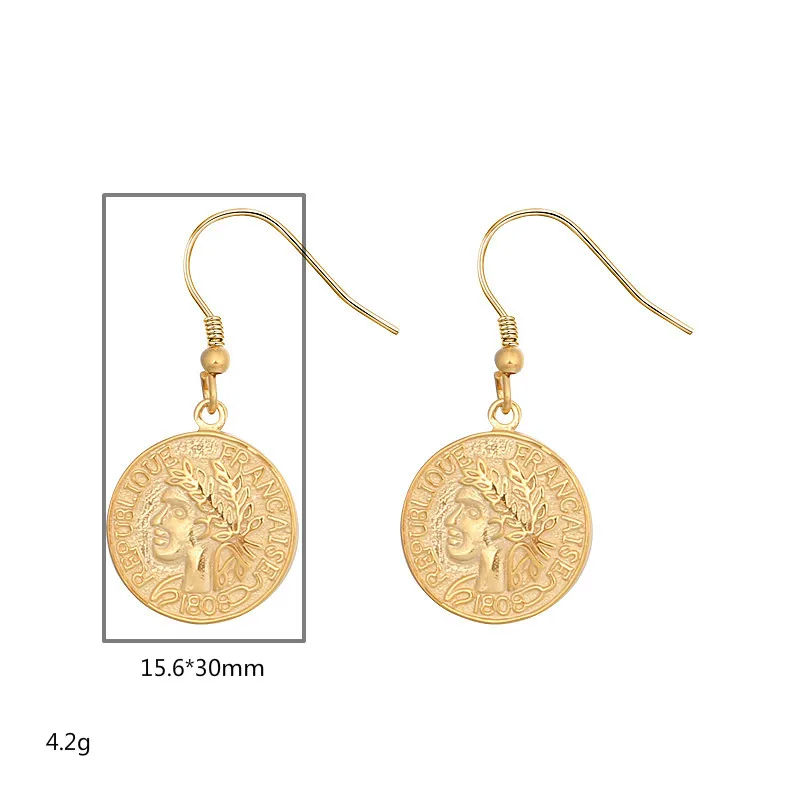 

Flyleaf Geometric Round Coin Portrait 18k Gold Drop Earrings For Women Real 925 Sterling Silver Fine Earings Fashion Jewelry