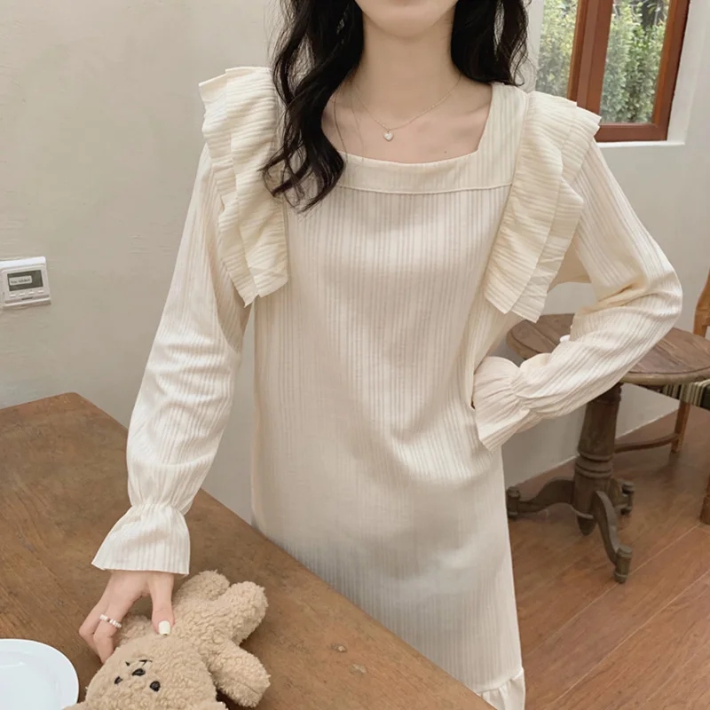 

2021 new Korean version of autumn lotus lace long-sleeved pajamas sweet home clothes nightgown female