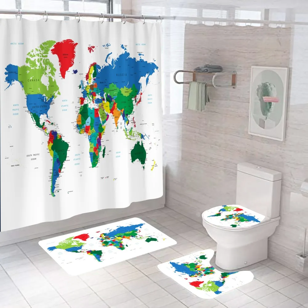 

Colorful World Map Shower Curtain Funny Fashion With Non Slip Rug Mat Bathroom Curtain Waterproof Polyester Home Decor 180x180