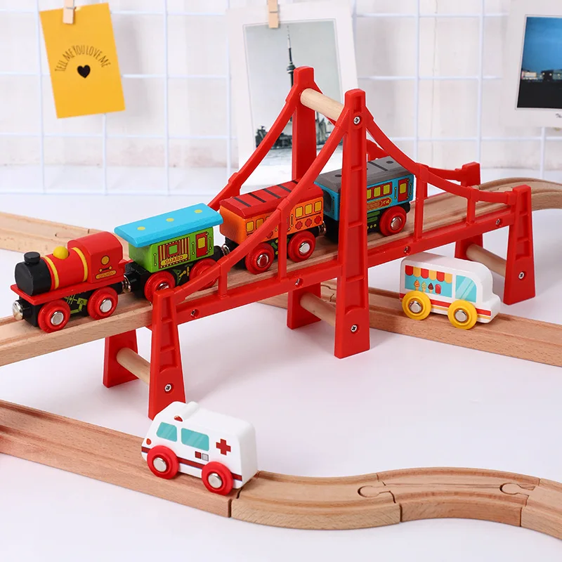 

Деревянный поезд, аксессуары, трек, T-homas, красный, трек с мостом, сцена, обучающие игрушки для детей, подарок на день рождения