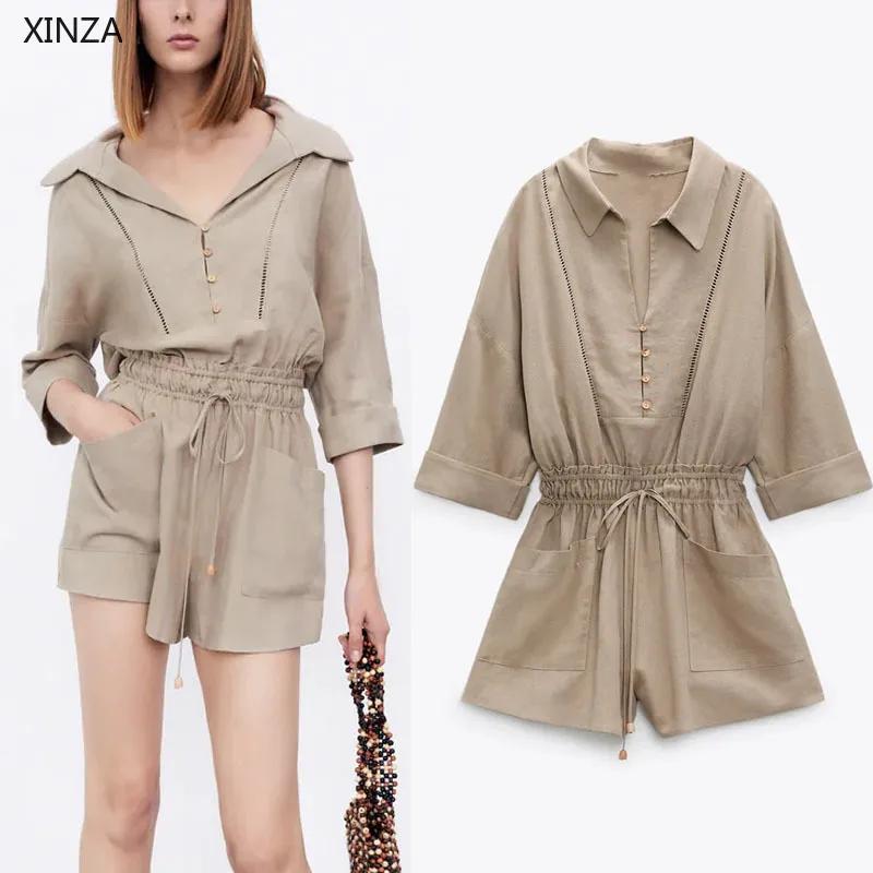 

Женский Короткий кружевной комбинезон Za, винтажный комбинезон с коротким рукавом и регулируемой эластичной завязкой на талии, лето 2021