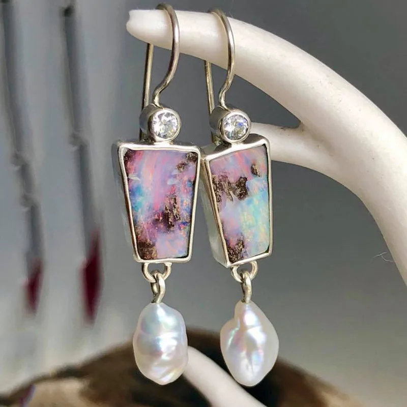 

Delicate Purple Blue Opal Stone Pearl Earrings Wedding Engagement Jewelry Tiny Crystals Baroque Dangle Earring New