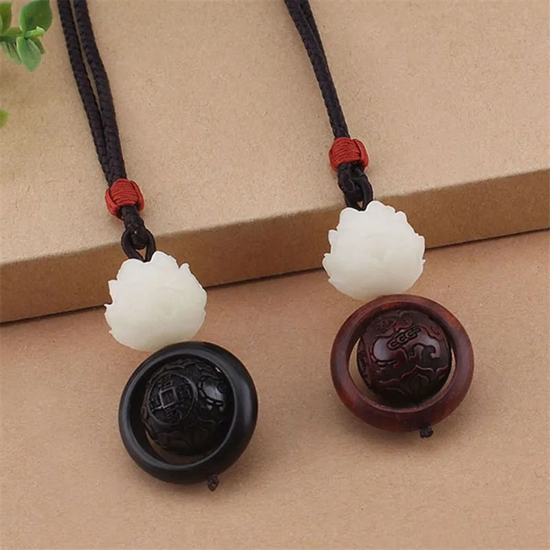 

Ожерелье в этническом стиле С Вырезанным лотосом Бодхи для женщин и мужчин, ожерелье из натурального эбенового дерева с круглым кулоном и переводными бусинами со знаком на удачу