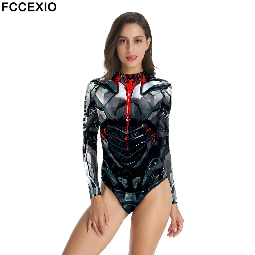 

FCCEXIO Combat Gear Printed Women One-Piece Swimsuit Summer Casual Long Sleeve Beachwear Bathing Suit Sexy Tight Swimwear