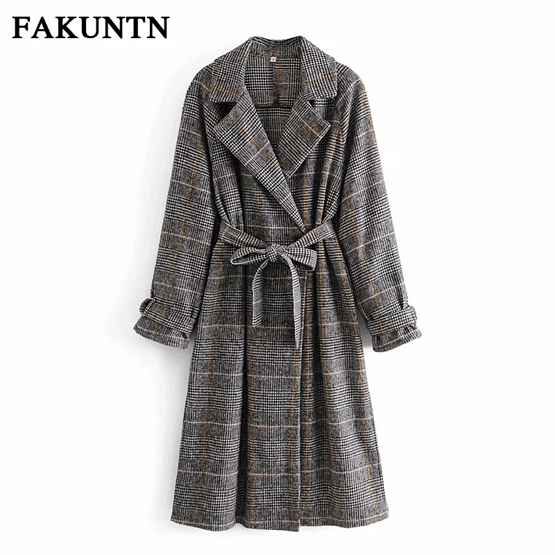 

FAKUNTN Long Coats Women Plaid Jacket 2021 Autumn Women Women's clothing Fashion Belt Lapel Vintage Female Jacket Coat Outwear