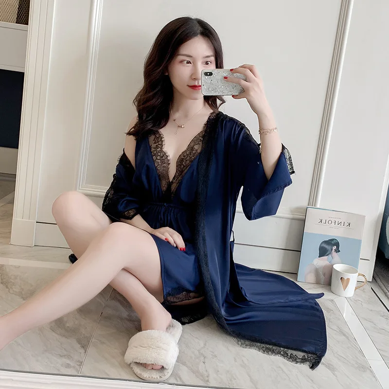 

Spring And Summer New Sexy Suspender Pajamas Two-piece Satin Chiffon Home Wear Nightgown Ladies V-neck Nightgown