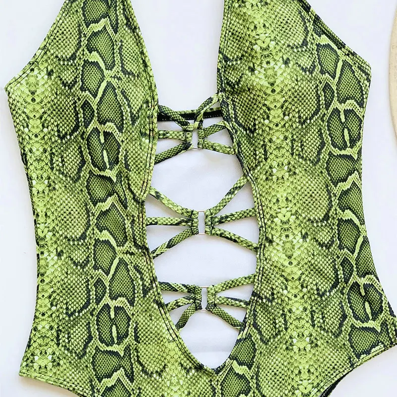 

QINJOYER One Piece Swimsuit 2021 Snake Print Swimwear Push Up Women Bathing Suits Backless Swimsuit Thong Bikini Women Monokini
