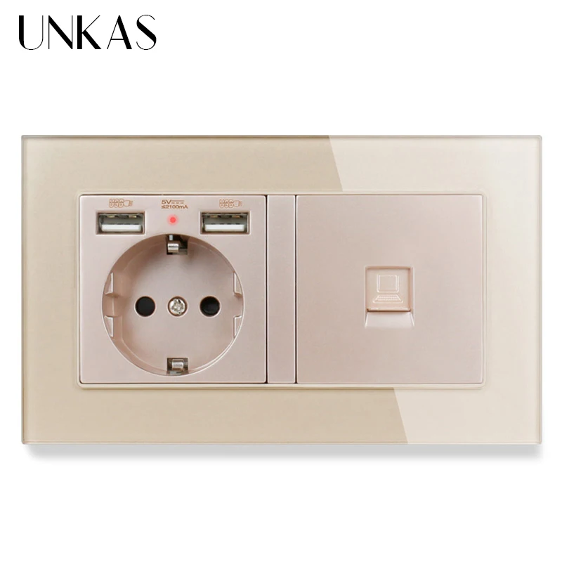 UNKAS роскошная стеклянная панель настенная розетка стандарта ес 2 USB порта для