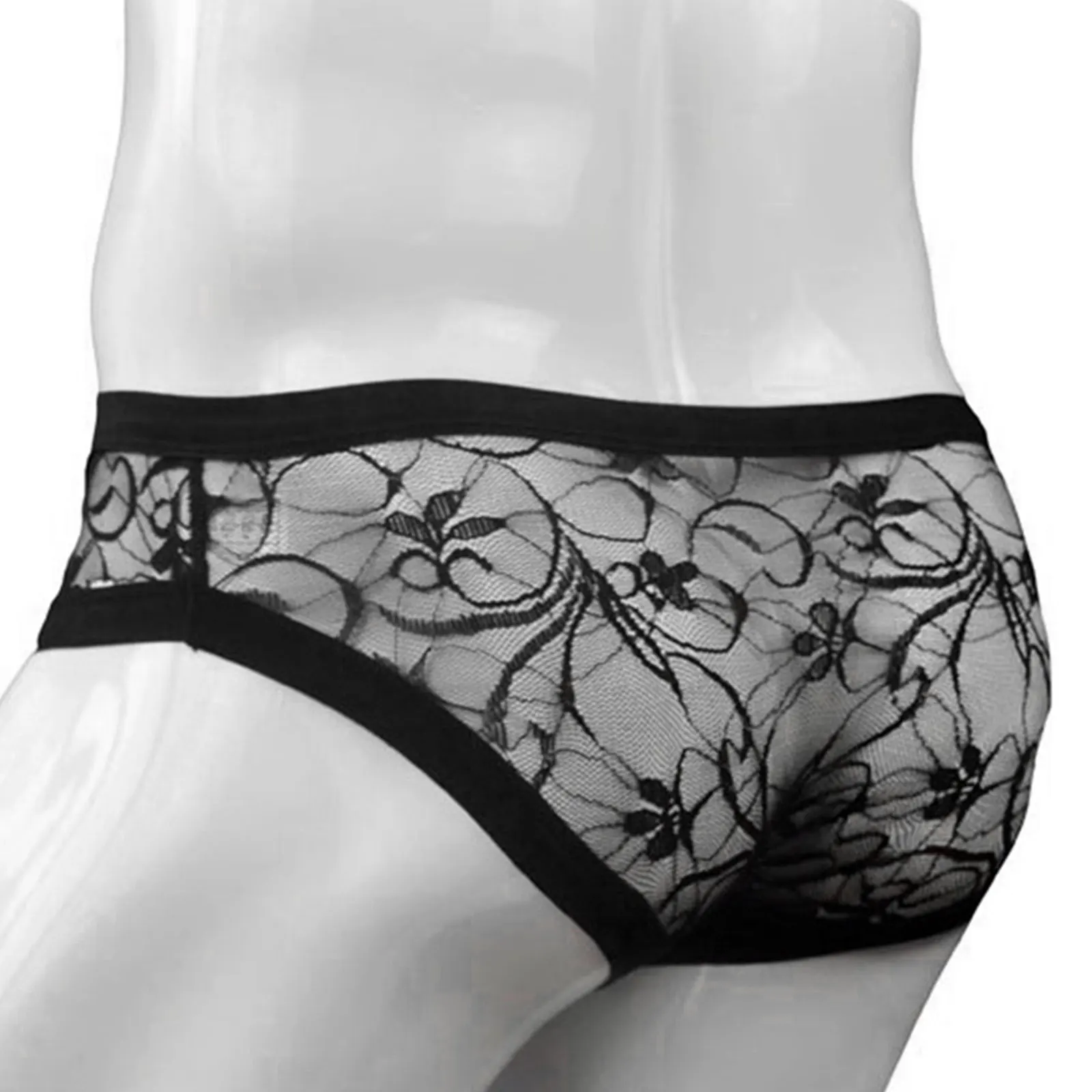 

Mens Erotic Lingerie Briefs Panties See-through Mesh Underpants Floral Lace Briefs Low Waist Elasitc Waistband Sexy Underwear