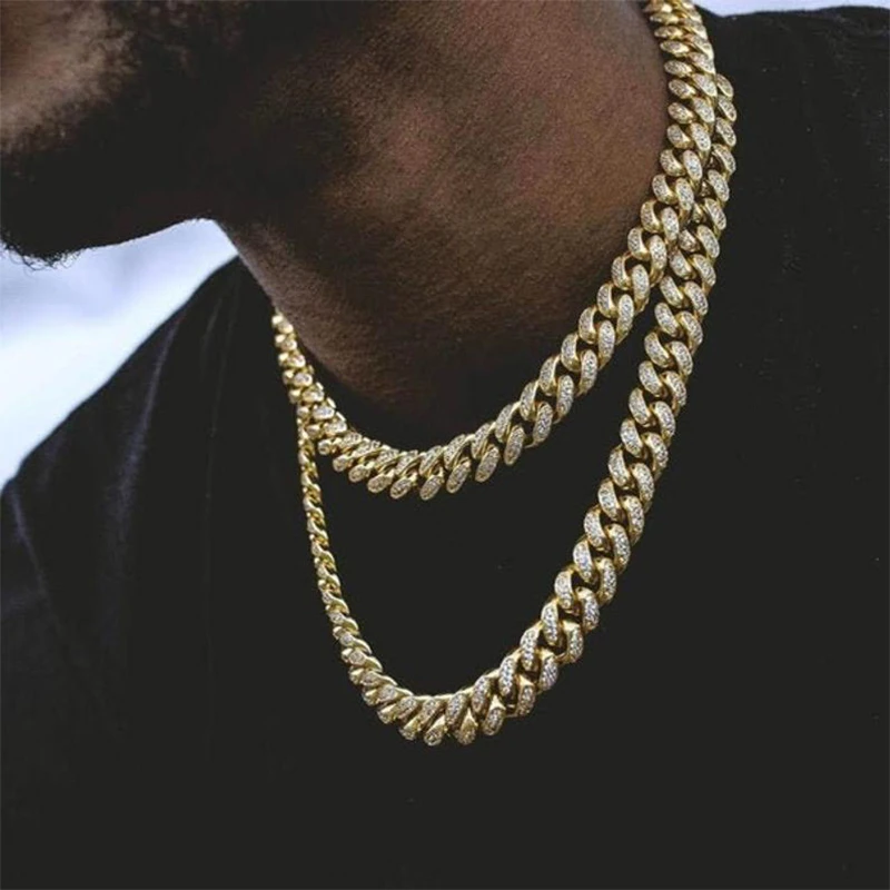 

Men's Necklace Cuban Chain Necklace 15mm Gold Color Iced Out Paved Rhinestones CZ Bling Rapper Chain Necklaces Hip Hop Jewelry