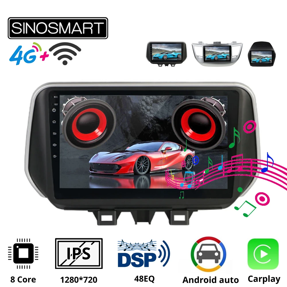 

Sinosmart автомобильный радиоприемник с навигацией GPS для Hyundai IX35 Tucson 2011-2019 2.5D IPS/QLED экран 8 ядер, DSP 48EQ