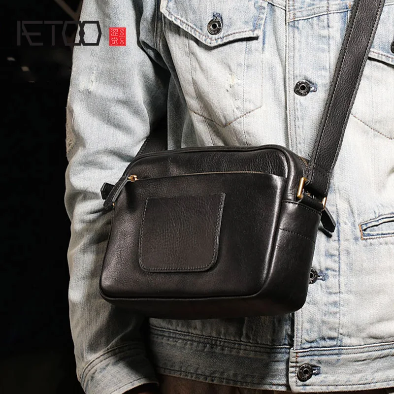 

AETOO Men's cross-section square diagonal bag, leather shoulder bag, first layer cowhide shoulder bag