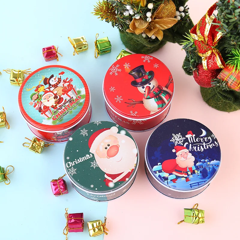

Christmas Candy Box Metal Biscuit Box Round Tin Box Portable Tea Sugar Coffee Storage Box Children Gift Box Holiday Party Decor