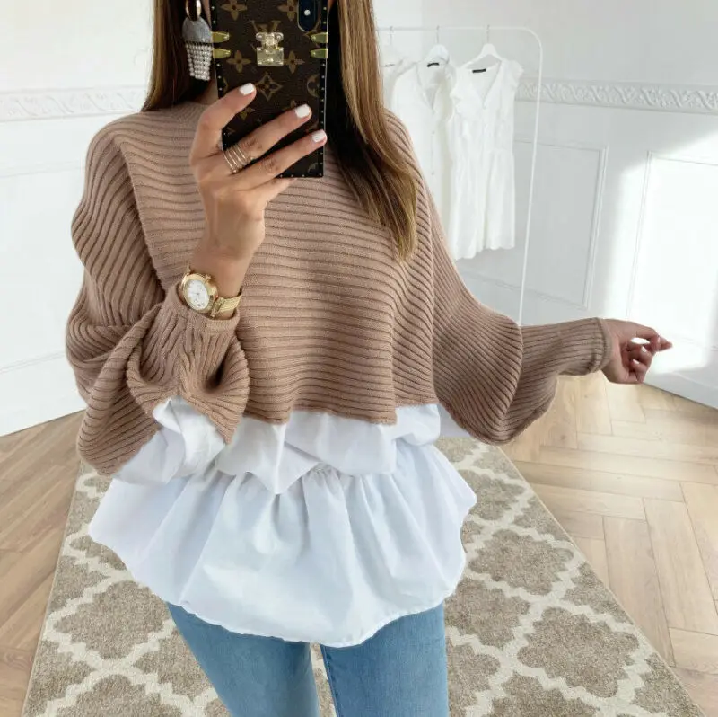 Fashion Womens Long Sleeve Pullover Casual Blouse Loose Baggy Shirt Tops Sweater Knitted Warm Winter Patchwork Soft Clothes | Женская