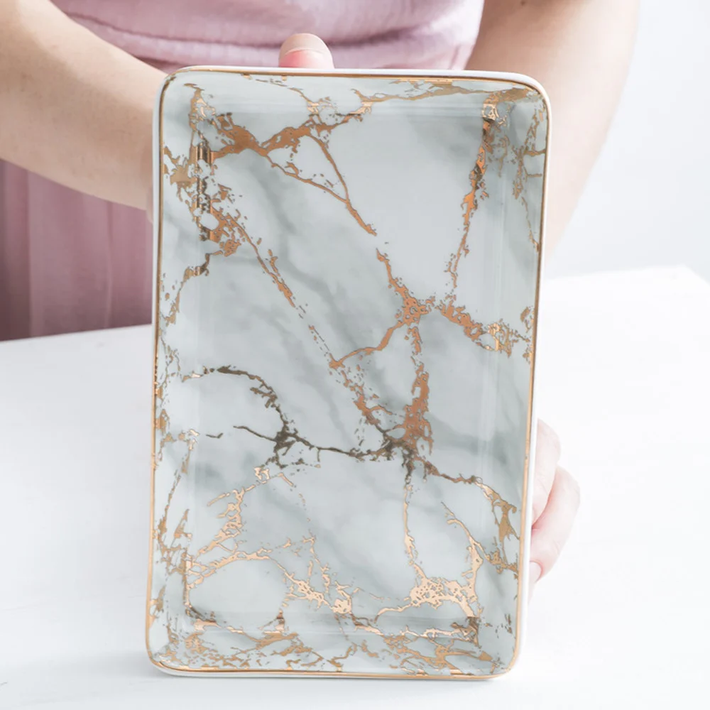 

Gold Marbled Ceramic Storage Tray Nordic Ring Necklace Bracelet Jewelry Display Plate Home Entrance Keys Organizer Trays