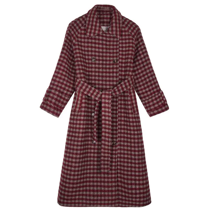 

New Winter British Style Retro Long Thick Plaid Wool Coat Woolen Coat Women's