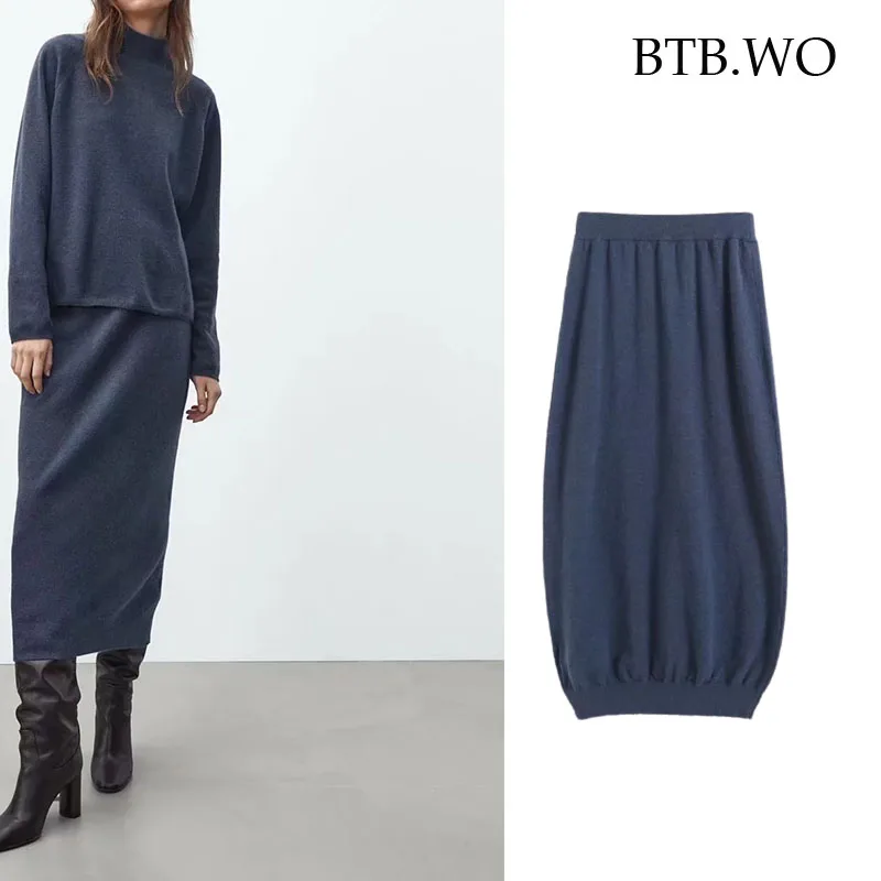 

BTB.WO Autumn Fashion Simple Solid Turtleneck Loose Sweaters Women Pullovers High Waist Knitted Midi Skirts Women Sets
