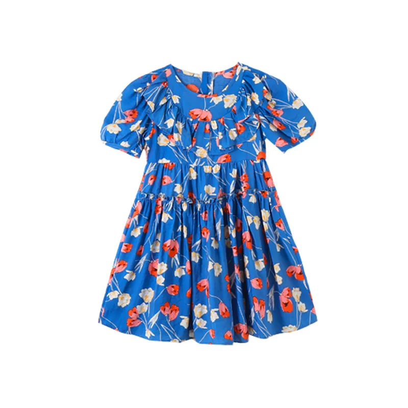 

Children Dresses Summer Clothes White Blue Teenage Girls Short Sleeve Floral Dress Thin Comfortable Kids Casual Princess Dress