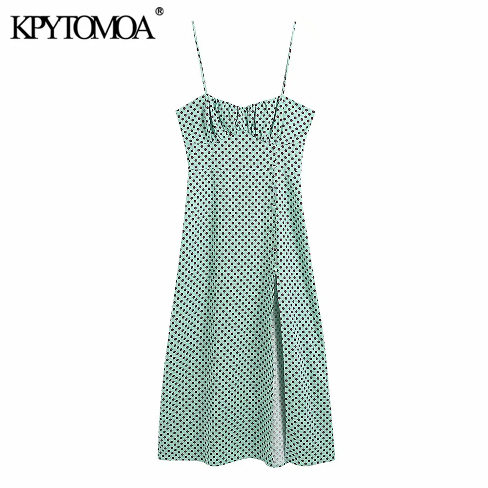 

KPYTOMOA Women 2021 Chic Fashion Polka Dot Slit Hem Midi Dress Vintage Backless Zipper Bow Thin Straps Female Dresses Vestidos