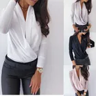Блузка женская с запахом, белая однотонная шифоновая блузка в стиле Харадзюку, с глубоким V-образным вырезом и длинным рукавом, повседневный офисный Топ, на весну