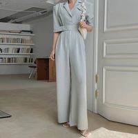 2021 summer short sleeve jumpsuit women high waisted straight wide leg pant overalls office lady work combinaison femme korean