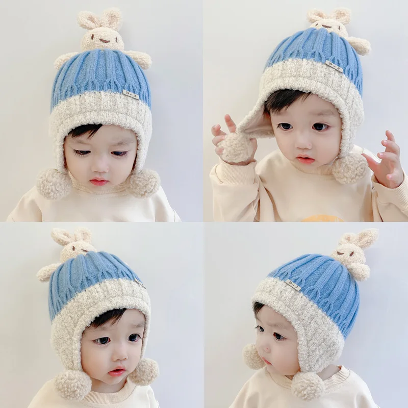 

шапка Baby Bunny Hat Winter Thicken Warm Newborn Pompom Knitted Cap Girl Boy Autumn Kids Ear Protection Beanies Hat Infant