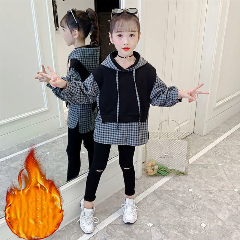 

Girls' Hoodies Sweatshirts Kids Outwear 2021 Black Velvet Thicken Warm Winter Autumn Cotton Fleece Outdoor Children's Clothing