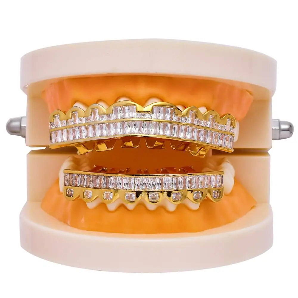 Хип-хоп квадратный CZ камень проложить Bling Iced Out плоские зубы грили верхний нижний