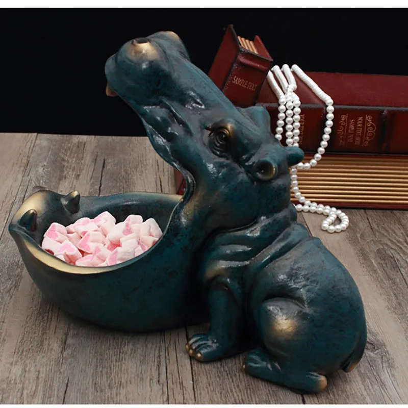 

Resin Hippo Statue Hippopotamus Sculpture Figurine Key Candy Container Decoration Home Table Office Desk Decoration Accessories